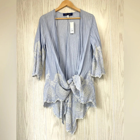 Blue Rain by Francesca Beautiful Light Blue Embroidered Duster/Shrug Size S NWT - Picture 5 of 5